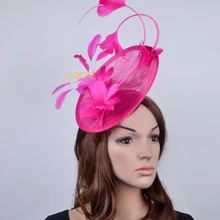Лидер продаж; розовая фуксия; украшение с перьями шляпка Sinamay, женский головной шляпка для церкви для Мельбурн, чашка, ascot гонок, Кентукки Дерби свадебное платье