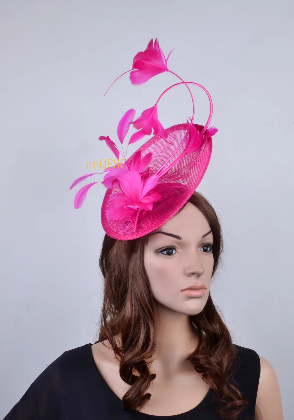 Hot pink fuchsia Feather Fascinator Sinamay hat church hat for