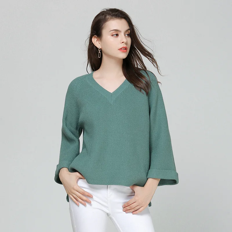 Solid loose v-neck elastic knit sweater 2018 new flare sleeve women autumn basic casual sweater