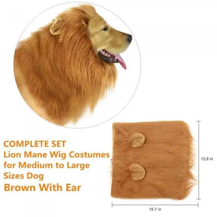 lion mane wig with tail costume adjustable lion hair dog clothes cozy fabric material lion mane wig for your pet is made out of fur and polyester blends perfectly lion