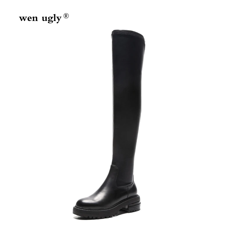 

wen ugly Stretch fabric fashion shoes women's winter boots leather thigh high boots 2019 new square with round head knight boots