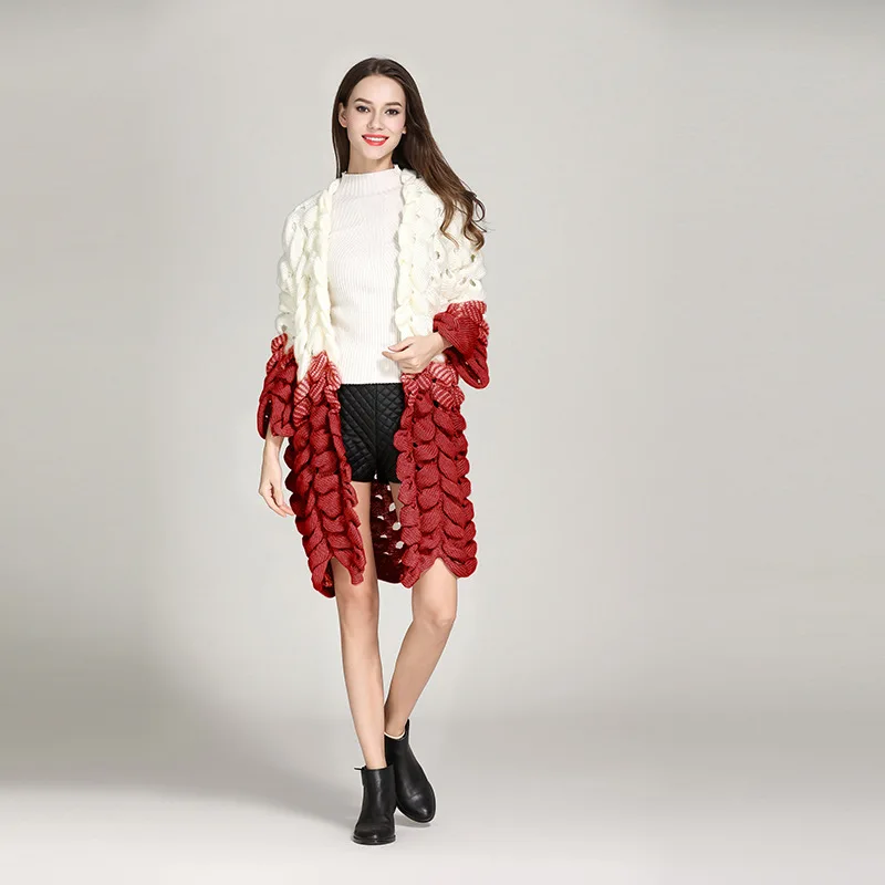 Autumn Coarse Wool Hook Sweater hand knitted Cardigan V-Neck Loose Rough wool Knitted Lantern Sleeved cardigan Open Stitch Tops |