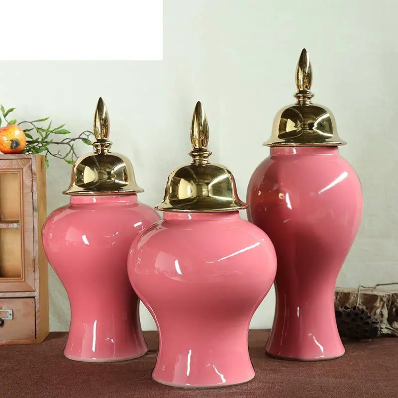 

Jingdezhen Ceramics jar Handmade With Cover Creative High Temperature temple jar Pink European Style Flower Vase Home Vase jar