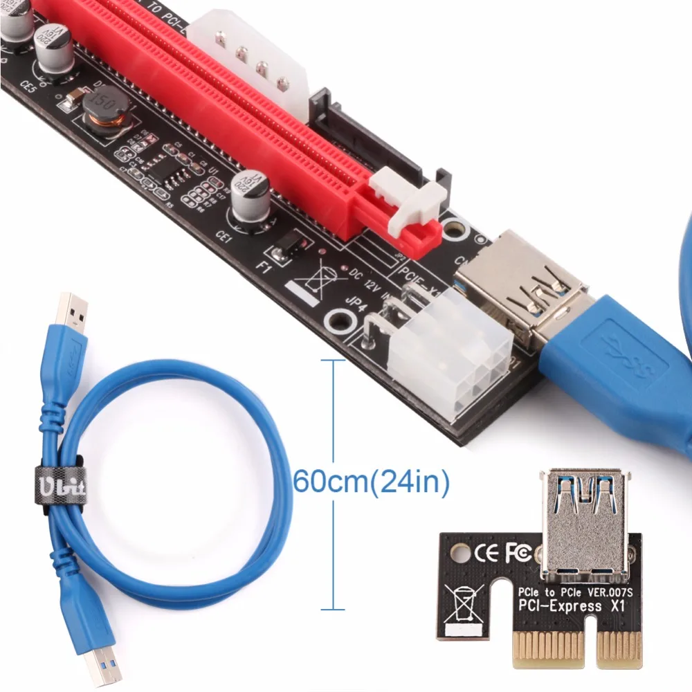 Ubit VER103C 3в1 светодиодный Riser power PCI-E Riser Card 4pin 6pin Sata 15PIN PCI Express 1X to 16X удлинитель для Bitcoin Miner