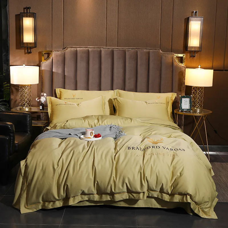 

Reactive Printing Bedding Set 4 Pcs Duvet Cover Pillowcase Flat Bedclothes Solid Color Embroidery Bedspread Queen King Size