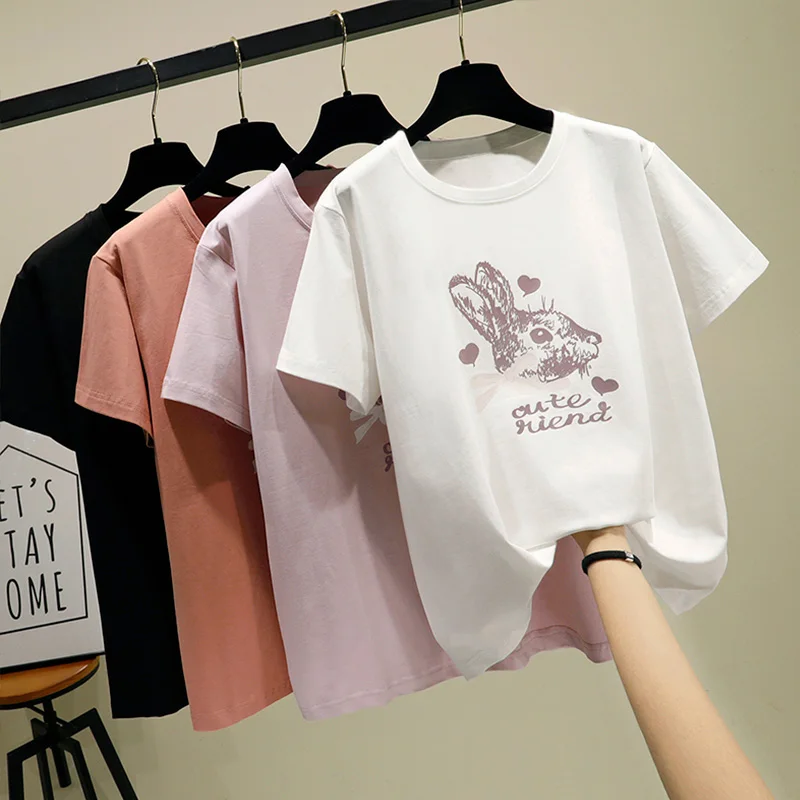 

2019 Summer Women's T-shirt Korean Fashion Casual Cute Rabbit Print Loose Female Tshirts O-Neck Short Sleeve Tees Tops 90s New