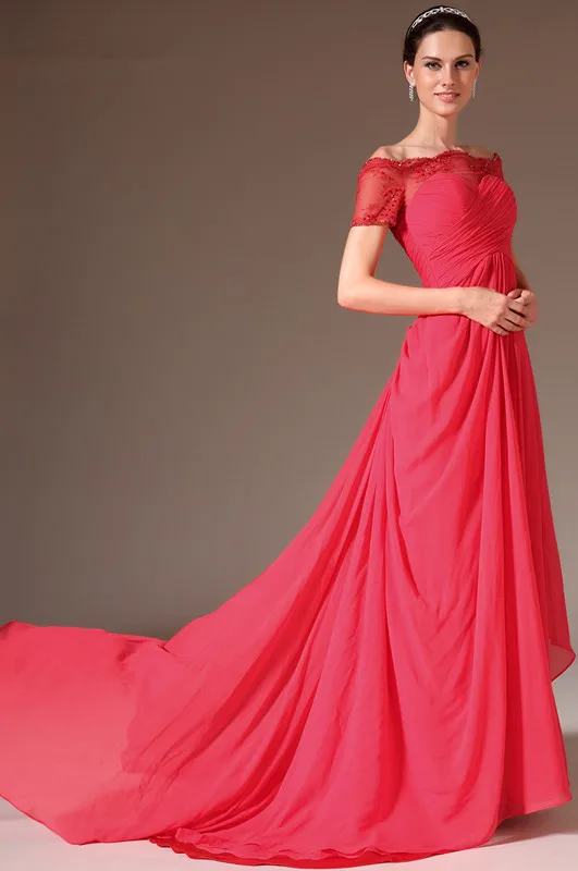 New-Red-Lace-Boat-Neckline-Cap-Sleeves-Court-Train-Evening-Gowns-Evening-dress (1)