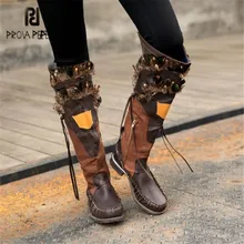 Prova Perfetto куриное перо декор женские сапоги до колена зимние теплые botas mujer боковая молния натуральная кожа платформа высокие сапоги