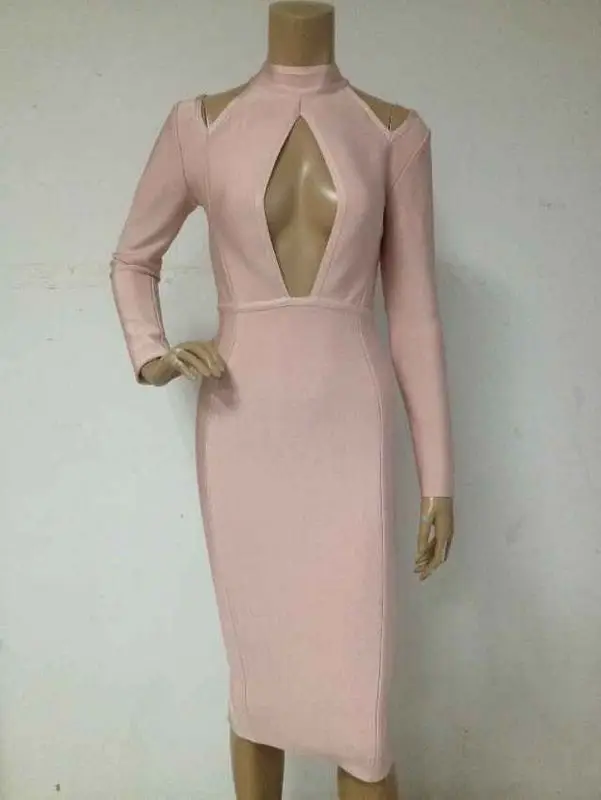 2015 new arrival top quality pink long sleeve high neck cut out Bandage