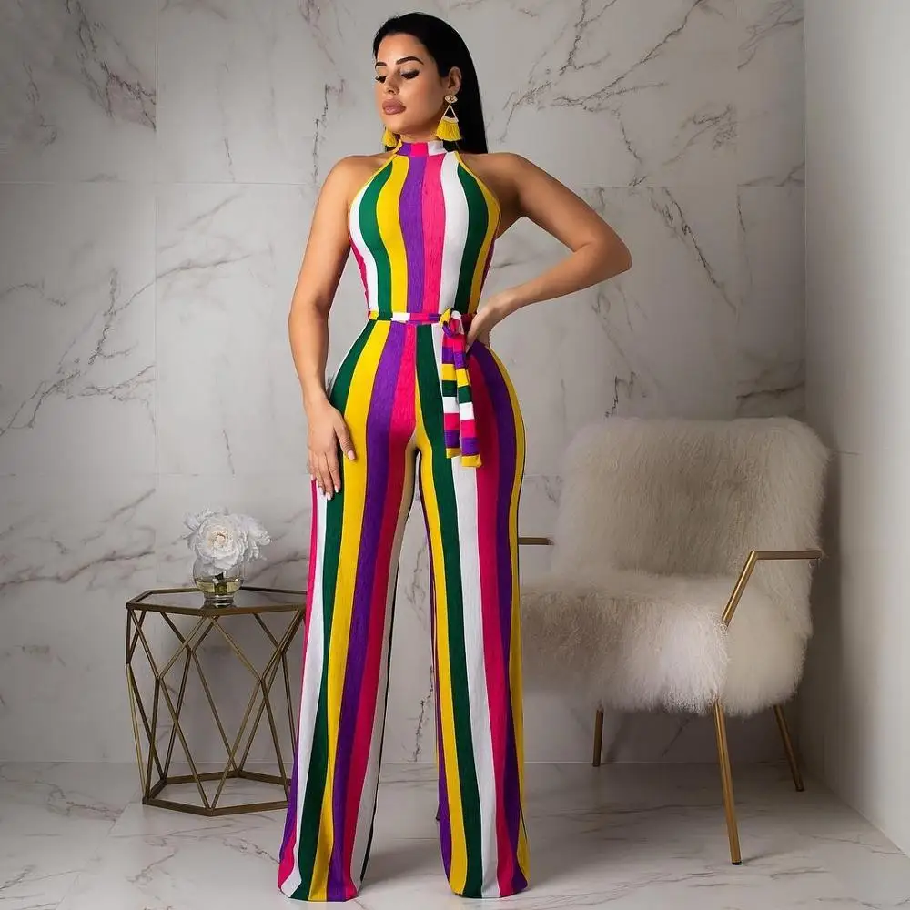 

Elegant bodysuit tracksuit rompers womens jumpsuit sexy striped print wide leg pants sleeveless overalls combinaison femme