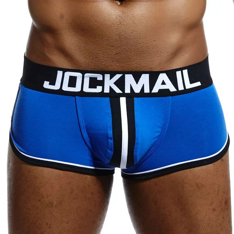 Бренд JOCKMAIL, мужские боксеры с u-образным мешочком, сексуальное нижнее белье с открытой спиной и дырками, хлопковые трусы, боксеры, шорты, мужские трусы, лидер продаж - Цвет: Синий