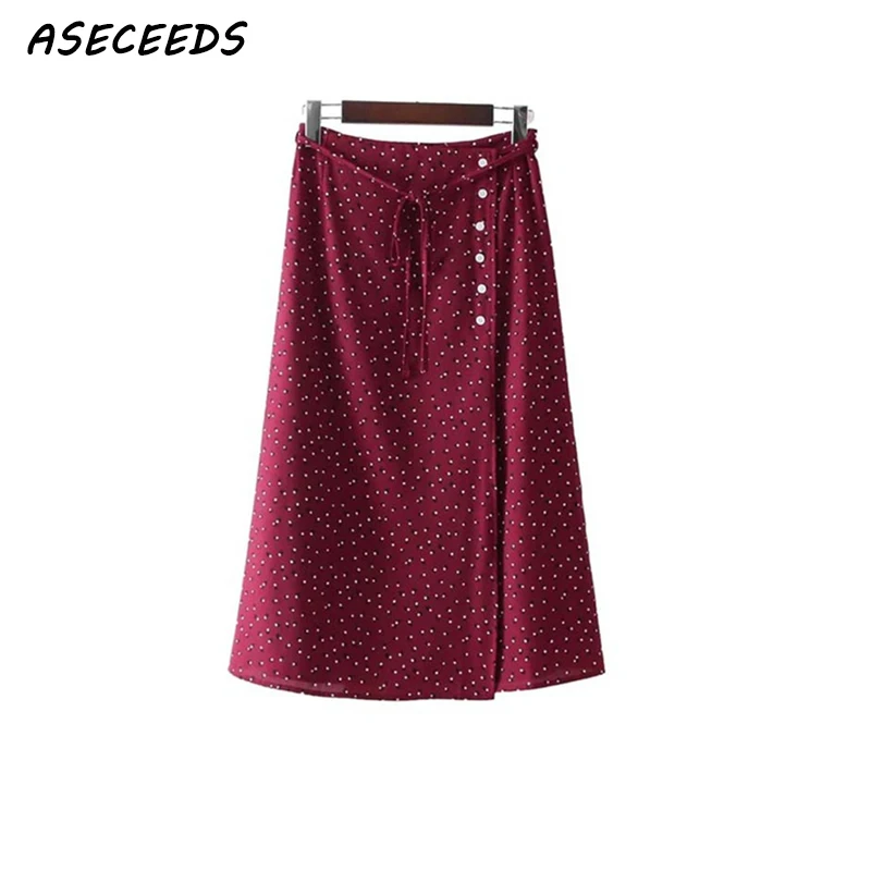 Comprar 2019 verano faldas boho mujer dulce lazo polka envoltura de puntos falda mujer botón vintage señoras casual faldas elegantes largas hasta la pantorrilla