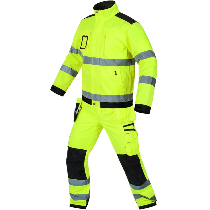 High visibility workwear suit work suit fluorescent yellow work jacket work pants with knee pads free shipping High visibility workwear suit work suit fluorescent yellow work jacket work pants with knee pads free shipping