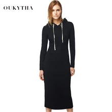 Oukytha 2018 New Autumn Casual Long A line Ankle length Dress Hooded Pockets Cotton Long Sleeves