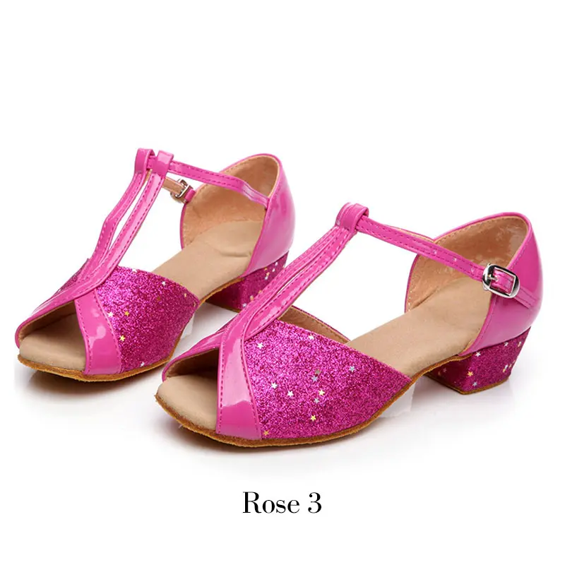 Детская обувь для латинских танцев; женская Обувь для бальных танцев, танго, латинских танцев, сальсы; Танцевальная обувь для девочек с серебряными и золотыми блестками на низком каблуке - Цвет: Rose 3
