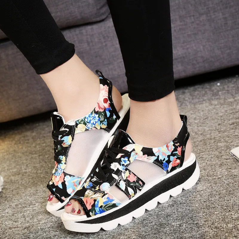 

HEEGRAND Summer Women Platform Sandals Open Toe Wedge Thick Bottom Casual Shoes Woman Lace Up Breathable Mesh Sandals XWZ6011