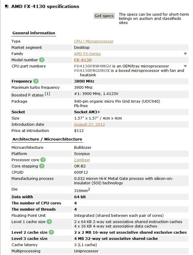 AMD FX 4130 AM3+ 3,8 ГГц/4 Мб/125 W 4 ядра Процессор процессор FX серийный штук FX-4130 работает