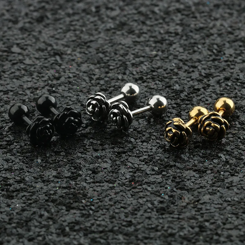 2PCS Romantic Rose Flower Ear Studs Earrings Women's Ear Plugs Titanium Steel Antique Silver Gold Black Body Piercing Jewelry 3