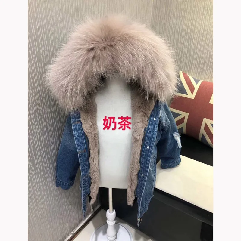 child winter fur jackets real fur big hooded natural rex rabbit fur lining boy and gilr fashion denim outwear thick warm parka
