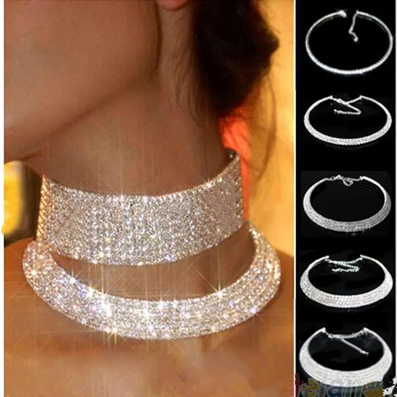 

Star Trendy Wedding Party Prom Choker Necklace 5 Row Stretch Crystal Rhinestone w/ Elastic Cord Pageant