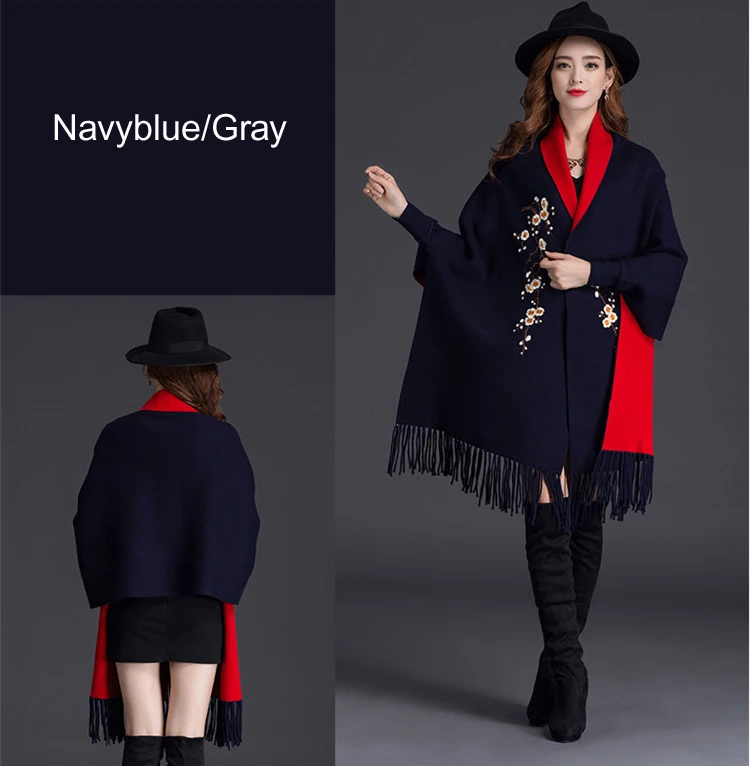 

Brand New design with sleeve Poncho scarf winter warm cashmere Embroidery Cape tassel Blanket wrapped scarf shawl For Women