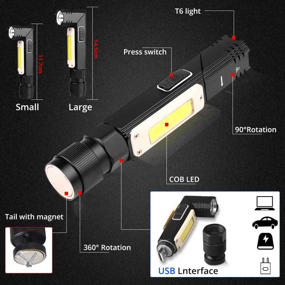 Многофункциональный светодиодный фонарик вращающаяся Рабочая лампа USB Перезаряжаемый светодиодный фонарик с сильным магнитом подходит для кемпинга, езды