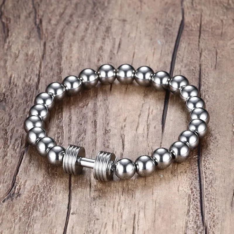 

Stainless Steel Dumbbell Charm Bracelet with 8mm Beaded Chain