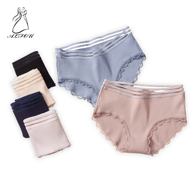 

New Thread Cotton Mid-waist Ladies Underwear Comfortable Breathable Stripes Solid Color Lace Side Sexy Briefs Women Panties