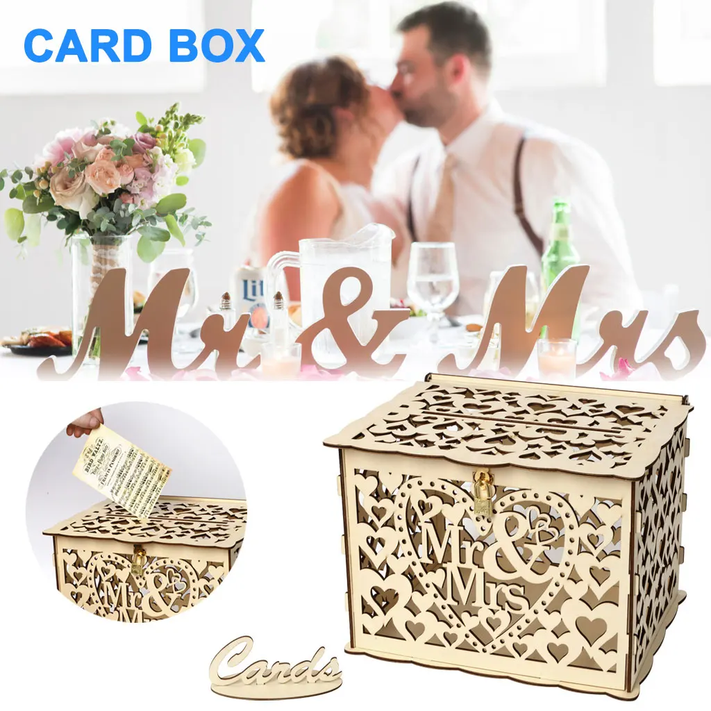 

DIY Wooden Wedding Card Box with Lock and Slot for Rustic Wedding Decoration KM88