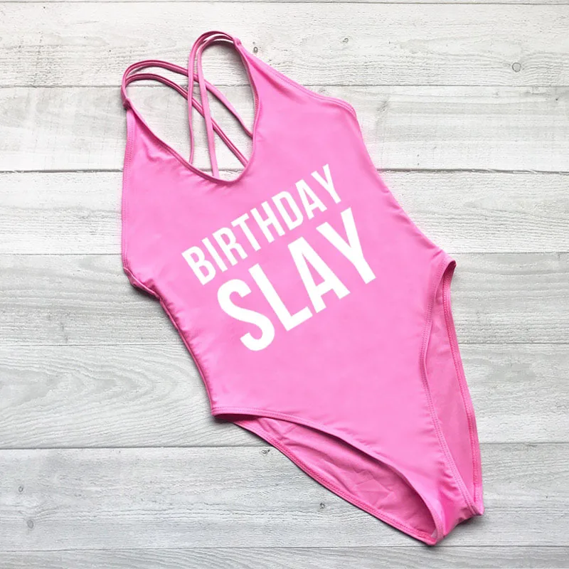 

BIRTHDAY SLAY Letter Bikini High Cut Women Swimwear One Piece Swimsuit Back Cross Bathing Suit Sexy Summer Top Swim Suit badpak