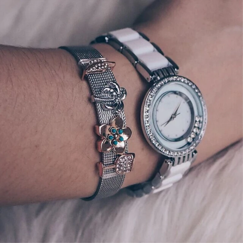 

SANSHOOR Silver Keeper Bracelet Set With Stainless Steel Mesh Armband Bangles and 4Pcs Tree Leaf Flower Slide Charms For Women
