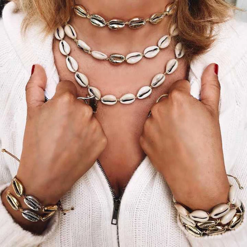 

Best lady 2019 New Boho Real Shell Jewelry Sets for Women Special Party Gift Beach Choker Necklace Charm Bracelets Anklets Sets