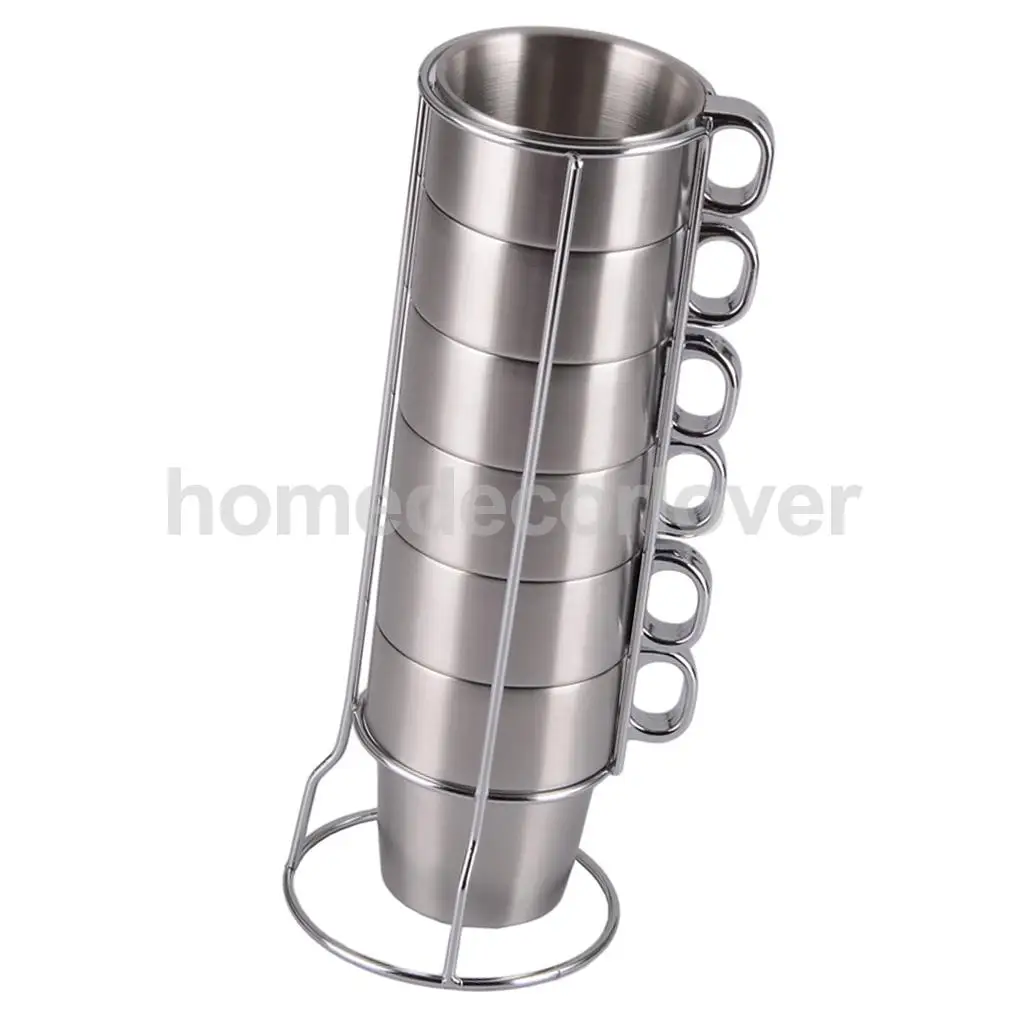 Stainless Steel Cup Double Wall  Tea Coffee Mug Unbreakable 6Mugs and Holder