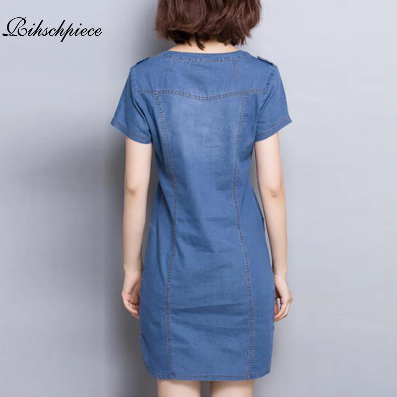 Rihschpiece 2018 Summer Denim Dress Women Vintage Party Sexy Jeans Dresses Short Sleeve Pocket Casual Dress RZF1255