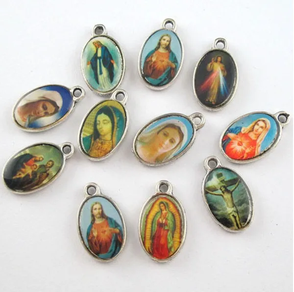 Catholic Religious Sided Oval Mixed Photo Virgin Mary Charms Pendants