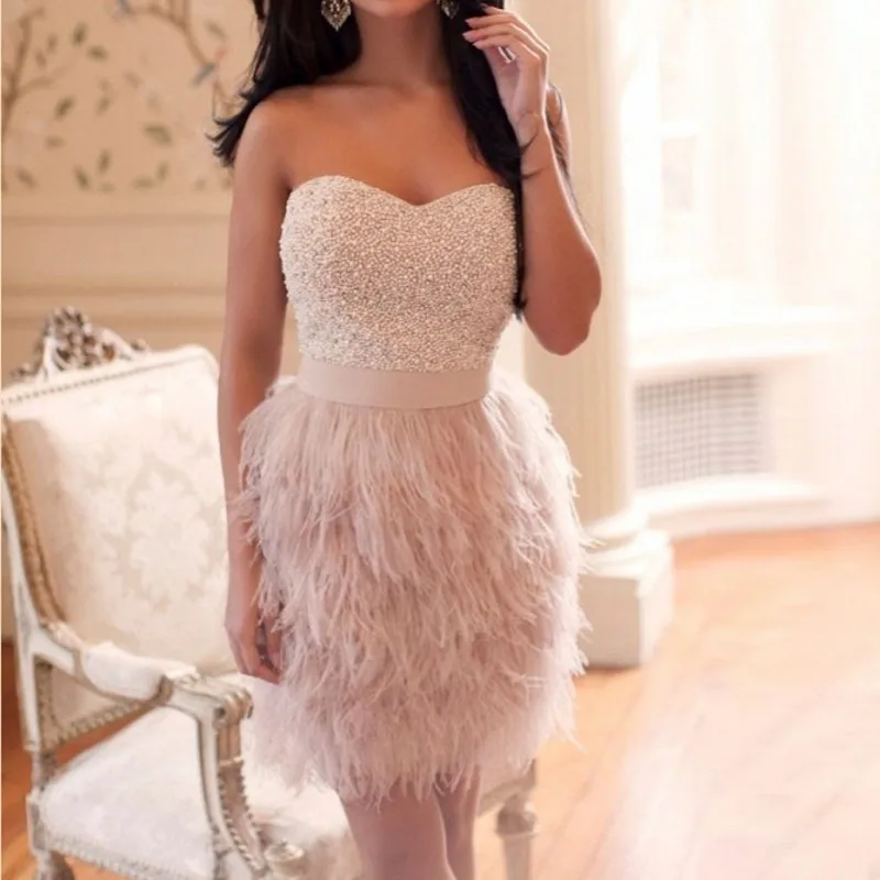 

robe cocktail Sleeveless Feather Beaded Dress Cocktail vestidos de coctel Cocktail Dresses Beaded Sweetheart vestido coctel