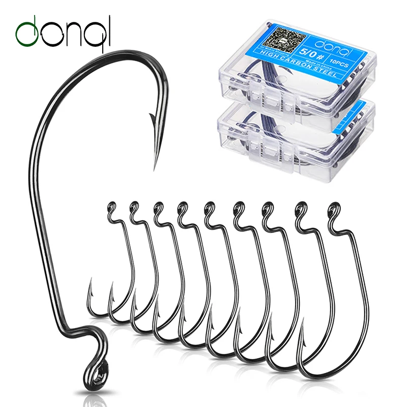 DONQL 10pcs/ Set Fishing Hook Carbon Steel Wide Crank Offset Fishhook For Soft Worm Lure 5/0#-1# Bass Barbed Carp Fishing Hooks