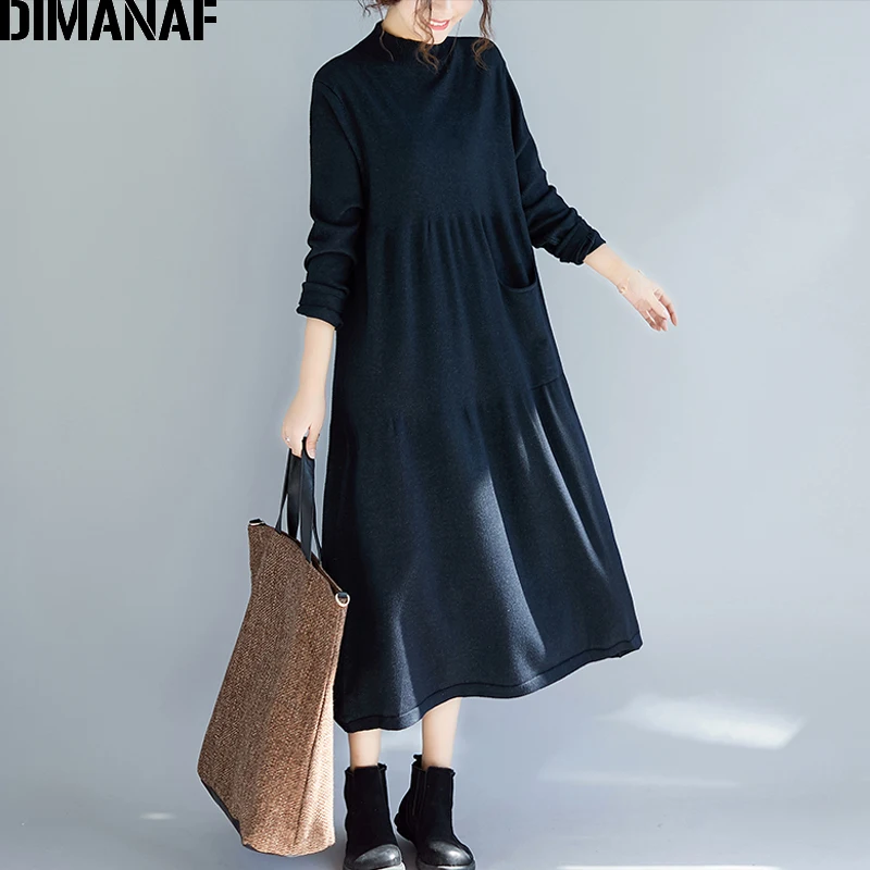 Dimanaf женский длинный Трикотажный Хлопковый зимний свитер с высоким воротом