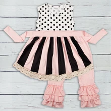 Комплекты одежды розового цвета для маленьких девочек в новейшем стиле платье без рукавов в горошек с поясом и оборками, штаны Изысканные детские весенне-летние комплекты S086