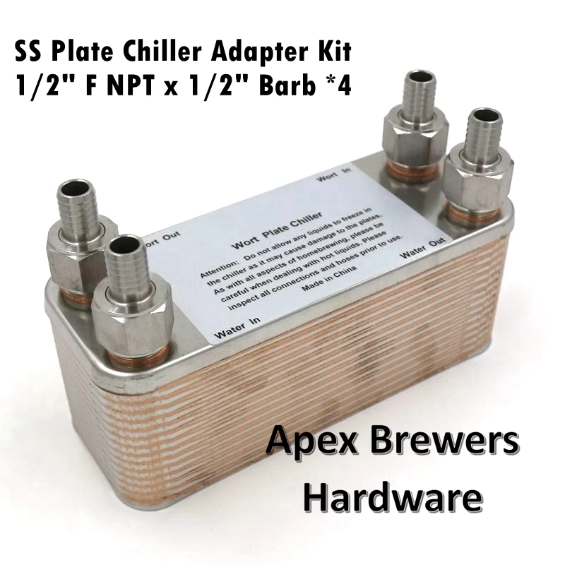 Stainless Plate Chiller Adapter Kit, 4* 1/2" Female NPT X 1/2" Barb