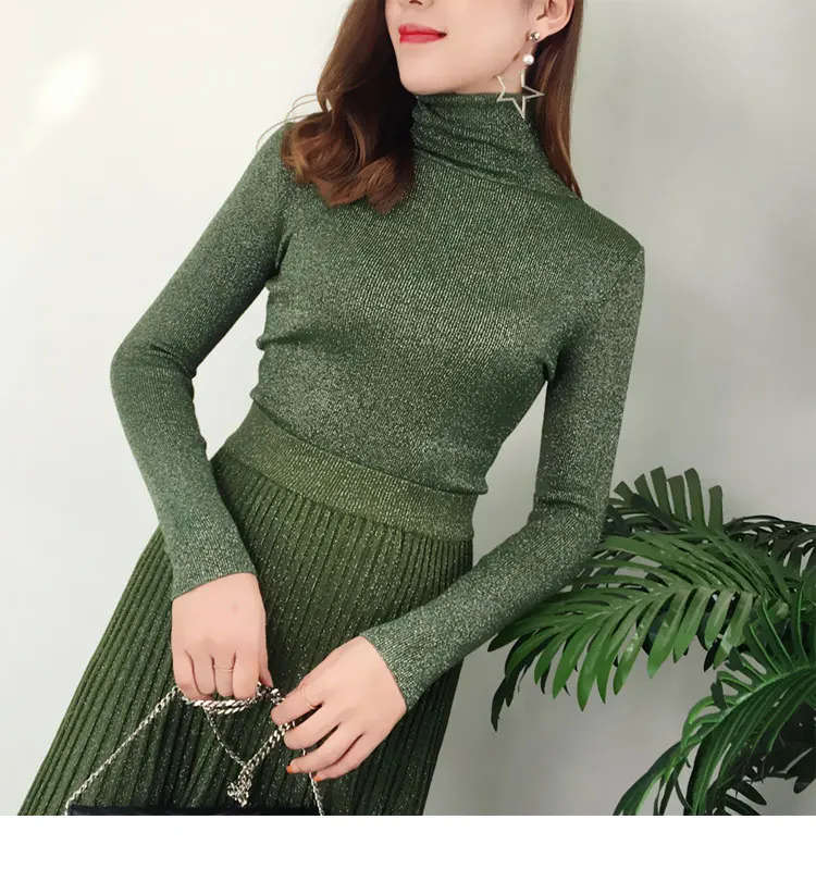 2 шт. наряды для женщин Ретро Яркий шелковый свитер с высоким воротом пуловер с длинным рукавом+ Высокая талия длинный комплект с плиссированной юбкой