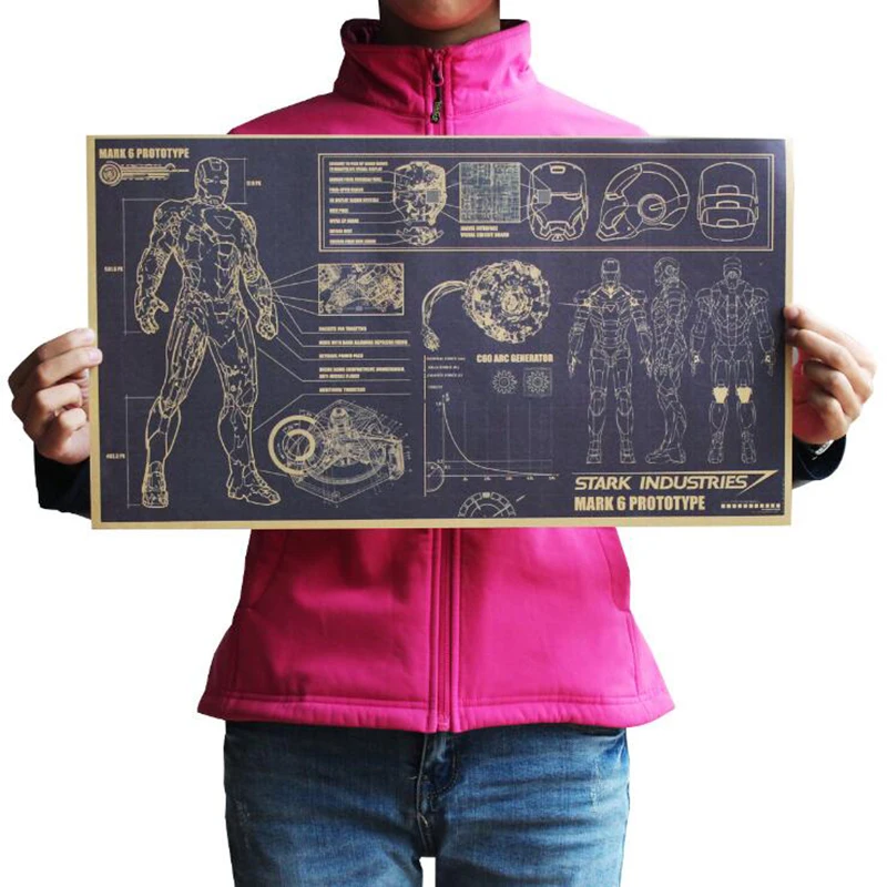 

1pc Iron Man Design Drawings Nostalgic Retro Kraft Paper Poster Classic Home Decoration Garage Wall Decoration Wall Stickers
