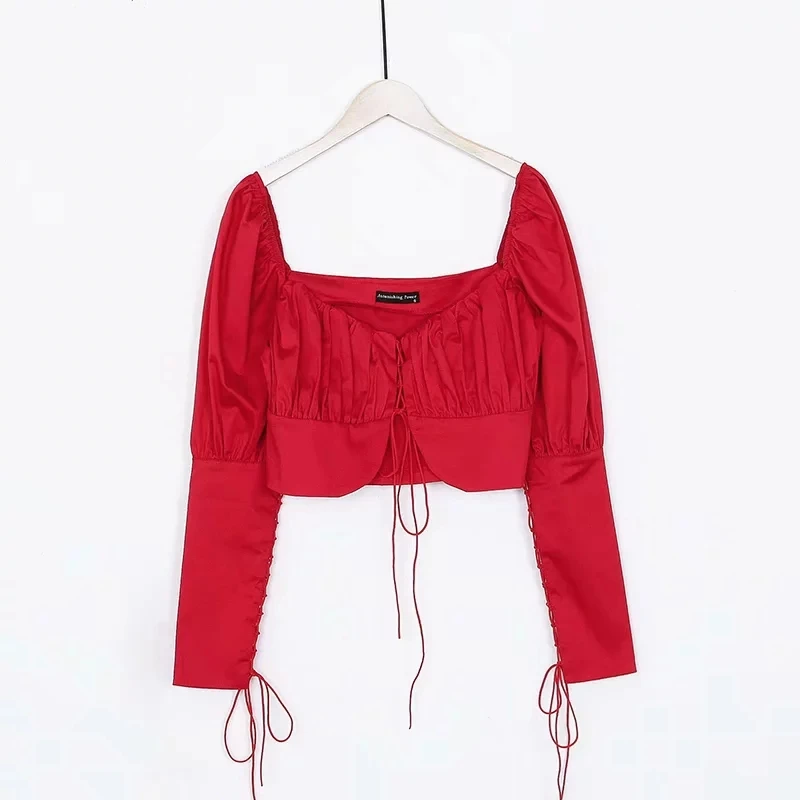 Короткий топ с длинными рукавами, Женские топы и блузки, туника, винтажные блузы, повседневные сексуальные рубашки, корейские белые блузки, женские летние - Цвет: Красный