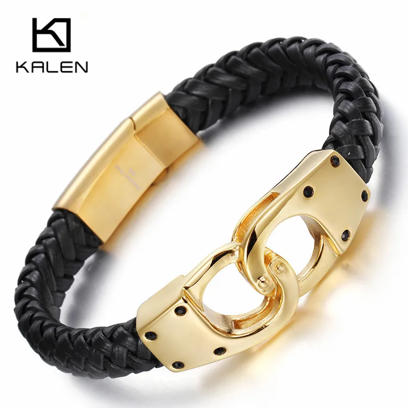 Kalen, итальянский, золотой цвет, кожаные браслеты для мужчин, модные, нержавеющая сталь, 22 см, дешевые, плетеные, кожаные браслеты, бижутерия