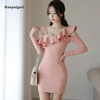 

Solid Plus Size Bodycon Bandage Dress 2018 Women Autumn Pink Long Sleeve Ruffles Elegant Party Club Short Dress Sukienka Elbise