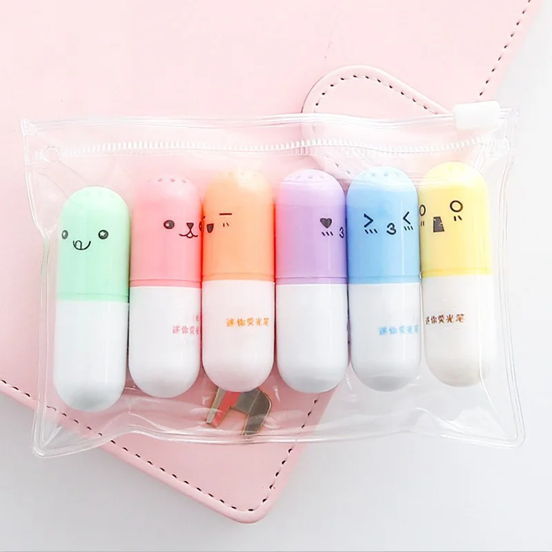 

6pcs Cute Mini Smiling Face Pill Highlighter Lovely Cartoon Painting Pen Marking Pens Kawaii Stationery School Office Supplies