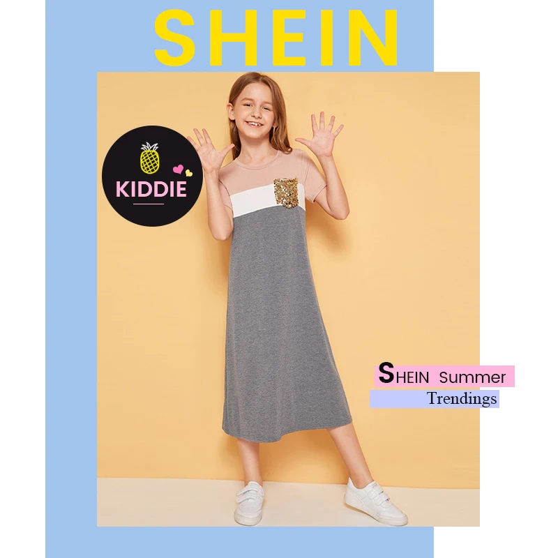 SHEIN/длинное платье-туника с блестками и карманами для девочек; коллекция года; сезон лето; детская повседневная футболка с короткими рукавами