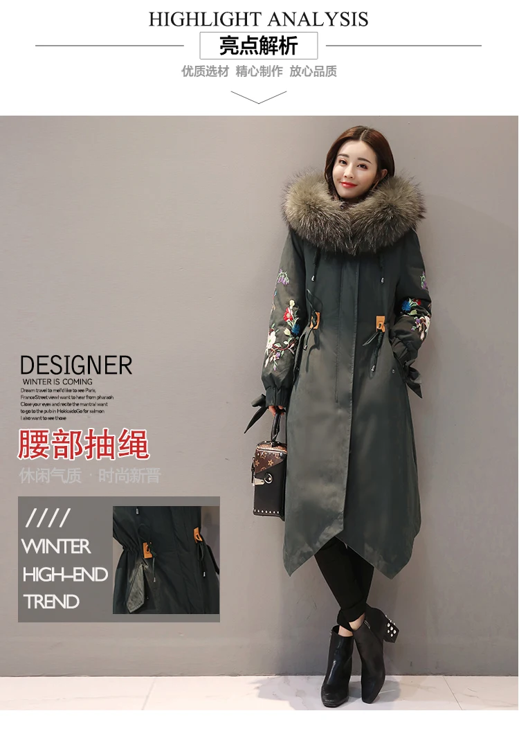 Женское хлопковое пальто с воротником из натурального Лисьего меха,, Зимняя мода, корейский стиль, вышивка, большой размер, пуховик, хлопок, утолщенная куртка, верхняя одежда L1495