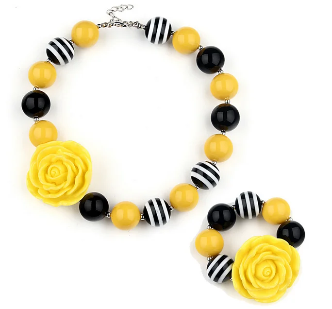 

USA Hot Sale 43mm Yellow Flower Acrylic Chunky Bead Bubblegum Necklace Bracelets Jewelry Set For Child Girls Party Dress Up Gift