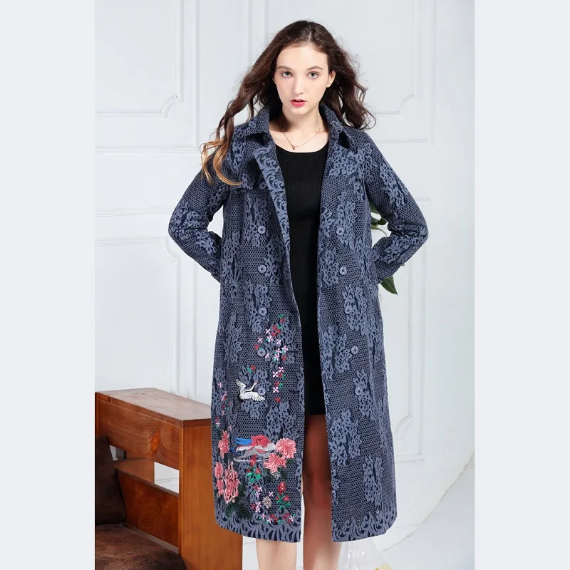 Manteau Dentelle Dark 2018 Boutonnage vent Nouveau red Mignon Hiver Ceinture Femmes Oiseaux Automne Tranchée Double Coupe Broderie Floral Avec Blue Survêtement wXnxqSg